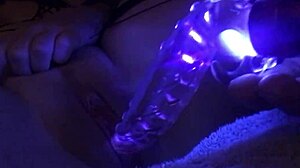 Glow-in-the-dark pussy toy play with body stockings and dildo